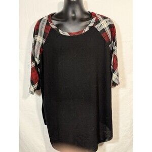 Hawthorne Black Baseball T-Shirt‎ 3/4 Sleeve Plaid Sleeves 2XL